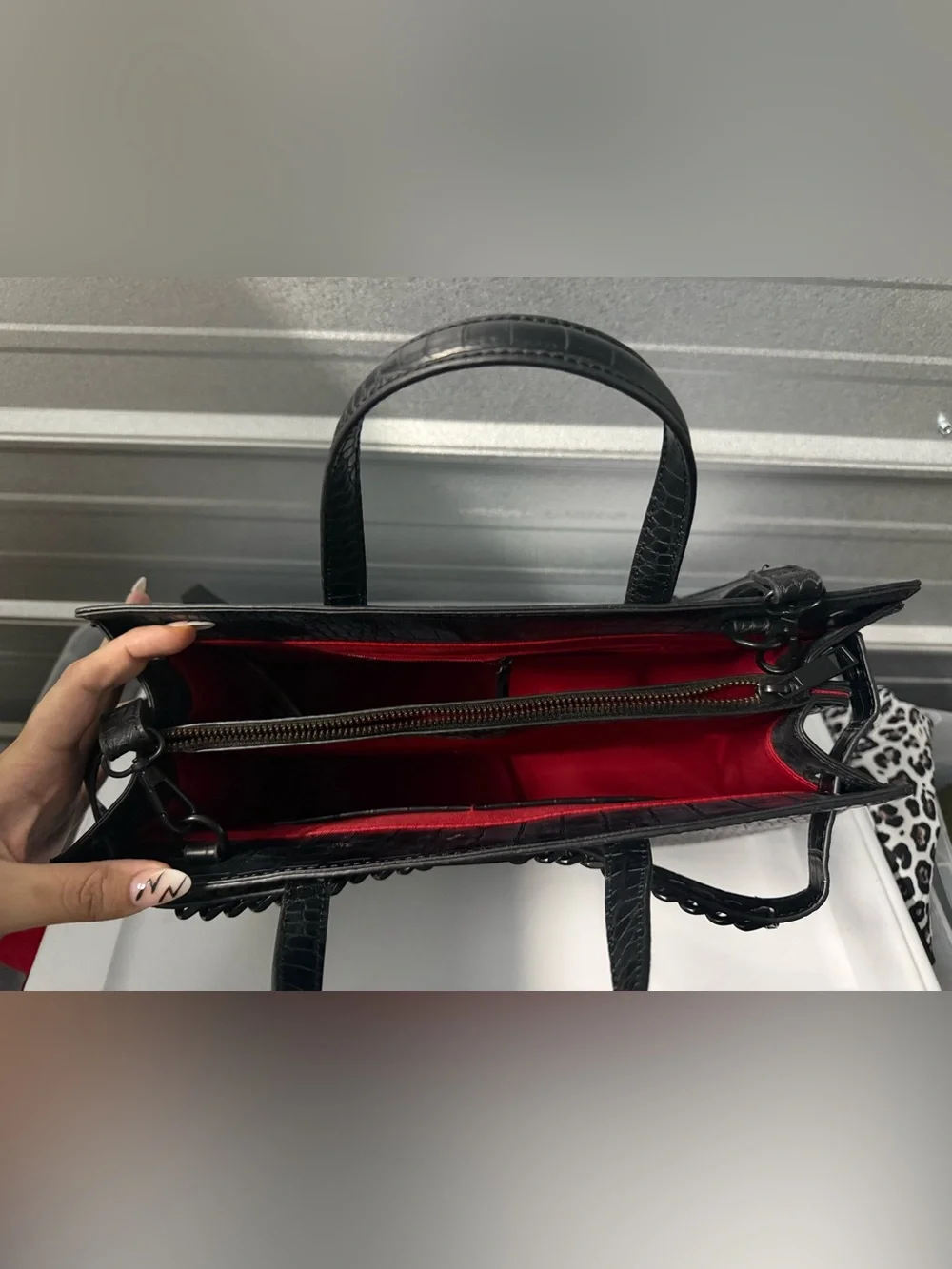 Aldo Black Croc-Embossed Convertible Satchel with Chain Trim